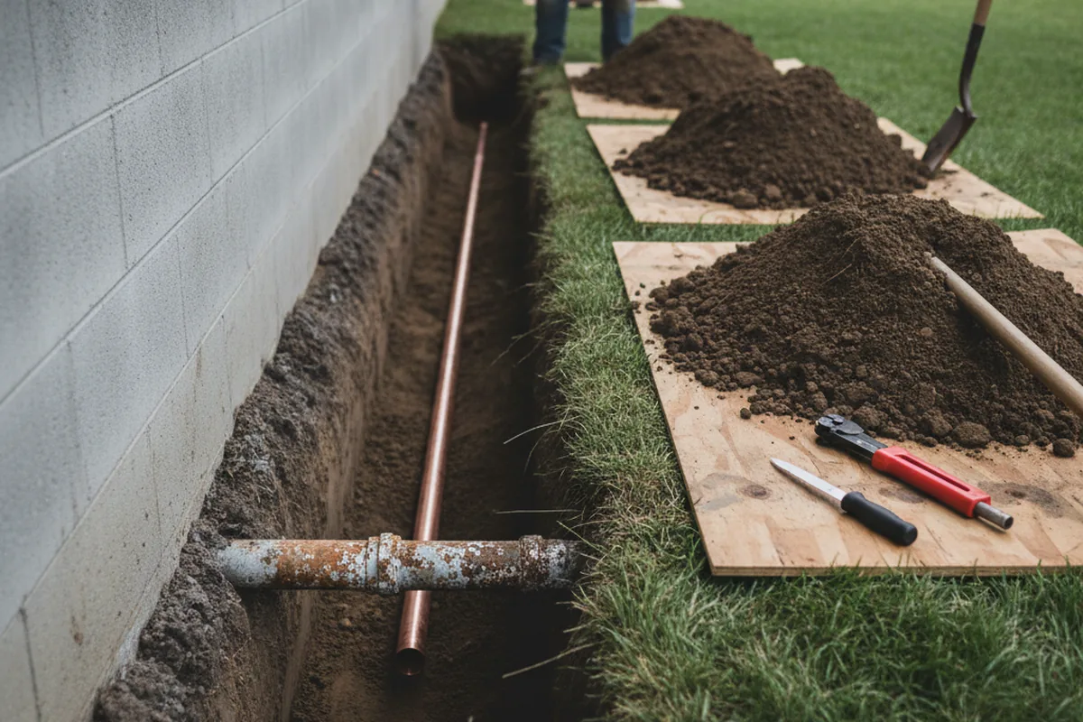 Excavated water line trench during Water Softener Installation in Mystic